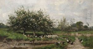 Federvieh Unter Obstbaumen In Sommerlicher Feld- Und Wiesenlandschaft by Fernand Lutscher