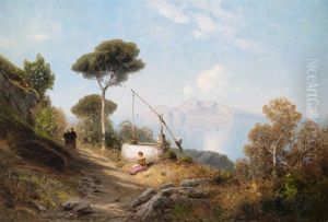 Italienische Landschaft Mit Brunnen Und Blick Auf Capri