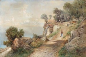 Rocky Coast With A Woman And Children On A Mountain Road