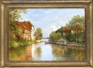 Kanalansicht Mit Alten Hausern Und Figurenstaffage Auf Holzerner Brucke An Einem Sommertag
