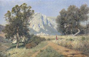 Wandernde Frau In Tracht, In Oberitalienischer Gebirgslandschaft, Ein Dorf Im Hintergrund by Ascan Lutteroth