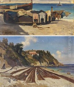 Fischerboot Am Strand Von Capri (+ Trocknende Fischernetze An Der Grosen Marina Von Capri, 1969, Oil On Canvas; Lrgr; 2 Works) by Ascan Lutteroth
