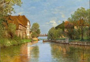 Kanalansicht Mit Alten Hausern Und Figurenstaffage Auf Holzerner Brucke An Einem Sommertag