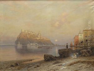 Blick Von Ischia Auf Das Castello Aragonese Bei Sonnenuntergang