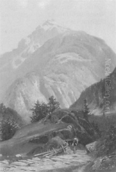 Gebirgslandschaft, Im Vordergrund Ein Bauer Mit Kiepe - view 1