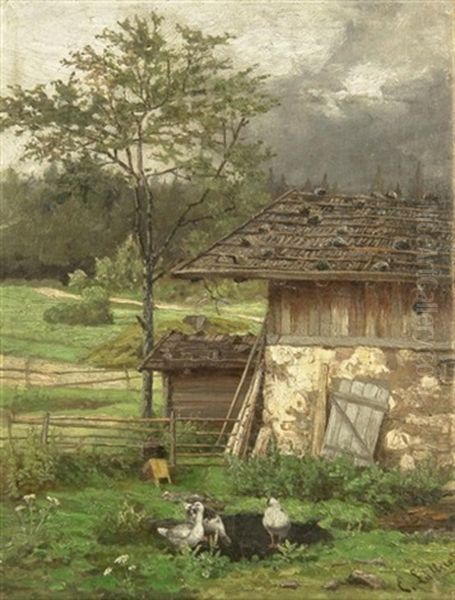 Ganse Vor Einer Berghutte Bei Aufziehendem Regen - view 1