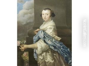 Portrait Of A Lady, Three-quarter-length, In A White Dress And Blue Shawl, With A Pearl Necklace, Holding A Rose