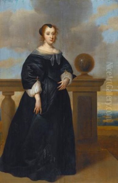 A Portrait Of A Woman, Full Length, In A Black Dress, Standing Next To A Balustrade - view 1