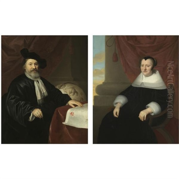 Portrait Of Andries Winius The Elder, Holding A Pair Of Dividers And With His Left Hand Resting On A Map Of Russia (+ Portrait Of His Wife; Pair) - view 1