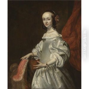 Portrait Of A Young Lady Wearing A White Satin Dress And Holding A Feather by Isaac Luttichuys