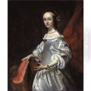 Portrait Of A Young Lady, Half Length, Wearing A White Silk Dress And Holding A Feather