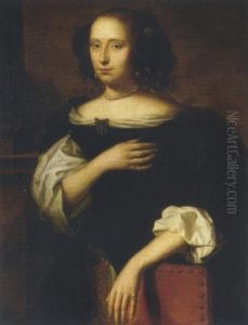 Portrait Of A Lady In A Black Dress, Her Left Arm Resting On A Red Leather Chair Portrait Of A Lady In A Black Dress, Her Left Arm Resting On A Red Leather Chair