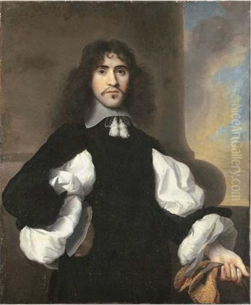 Portrait Of A Gentleman In A Black Suit, His Gloves In His Left Hand, Before A Balustrade - view 1