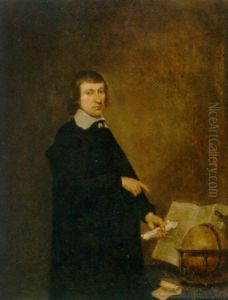 Portrait Of A Geographer In Black Dress With A White Collar, Holding A Scroll, A Globe And An Open Book On A Table Beside Him by Isaac Luttichuys