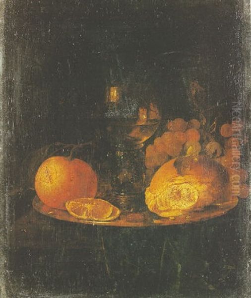 Nature Morte Au Verre Rohmer, Orange, Raisins Et Miche De Pain Sur Un Entablement - view 1