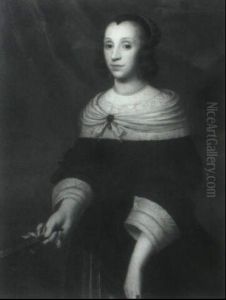 Portrait Of A Lady Wearing A Black Dress Holding A Fan... by Isaac Luttichuys