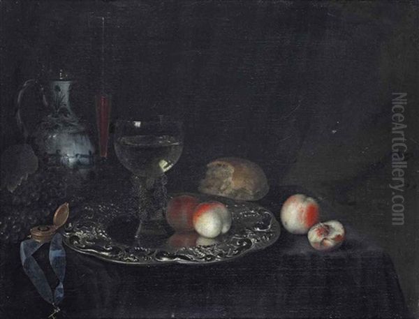 A Roemer With White Wine And Two Peaches On A Silver Plate, With A Golden Watch, A Porcelain Jug With A Silver Lid, A Bread Roll And Peaches On A Draped Table Before A Curtain - view 1