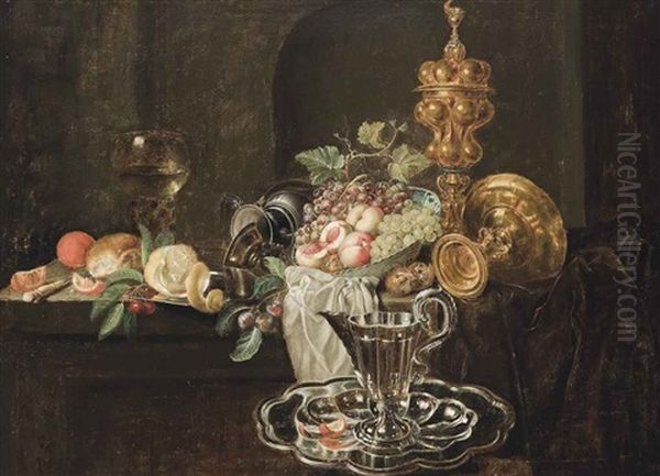 An Orange, Bread And A Knife, With A Partly Peeled Lemon And Cherries On A Silver Tray, Peaches, Grapes And A Medlar In A Porcelain Bowl, With An Upturned Tazza And A Silver Guilt Cup And Cover, On A Partly Draped And A Jug On A Tray - view 1