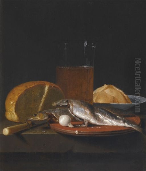 Still Life With Mackerel, Bread, A Pewter Plate And A Glass Of Beer On A Table - view 1