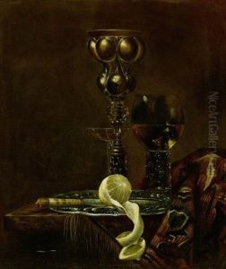 Stillleben Mit Akeleipokal, Romer, Schalenglas Und Zitrone Auf Einem Zinnteller by Simon Luttichuys