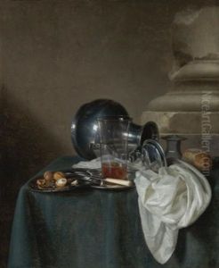 A Still Life With A Pewter Jug On Its Side, A Glass Of Ale, A Salt Cellar, A Bread Roll And Other Objects On A Table Draped In A Dark Green Cloth