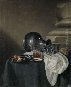 A Still Life With A Pewter Jug On Its Side, A Glass Of Beer And Walnuts On Pewter Dishes, All Arranged On A Table Draped With A Green Cloth by Simon Luttichuys