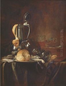 A Pewter Jug And Cover With A Peeled Lemon, A Roemer, A Bread Roll And A Pipe On A Pewter Plate With Cards, Books And A Pocket Watch, On A Draped Table by Simon Luttichuys