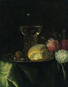 Ein Stillleben Mit Einem Gefullten Weinglas, Einem Brotchen Und Nussen by Simon Luttichuys