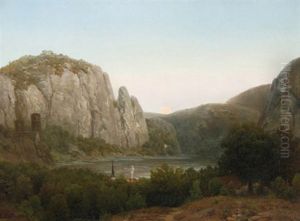 Rheinlandschaft Mit Bergen Und Burgruine In Der Abenddammerung