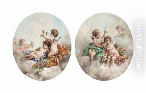 Putti Disporting In The Clouds (pair) by Charles Augustus Henry Lutyens