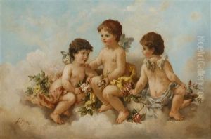Three Cherubs Seated On A Cloud Holding Flowers
