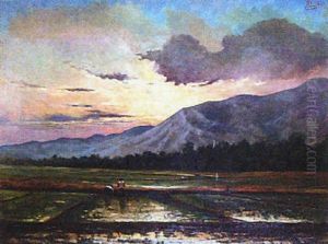Extensive Landscape, With Figures Working Rice Fields In The Foreground