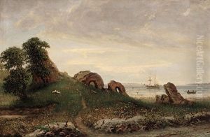 Abendliches Uferstuck Mit Blick Auf Zweimastbark. Ruhende Schafe Auf Ruinenfeld Mit Strandhafer by N. A. Luetzen