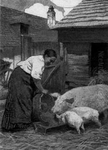 Bauerin, Die Schweine Futtert