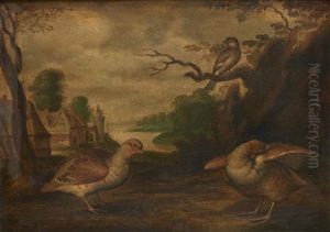 Poules Et Oiseau Dans Un Paysage; Poules Et Champignons Dans Un Paysage (pair) by Christiaan Luycks