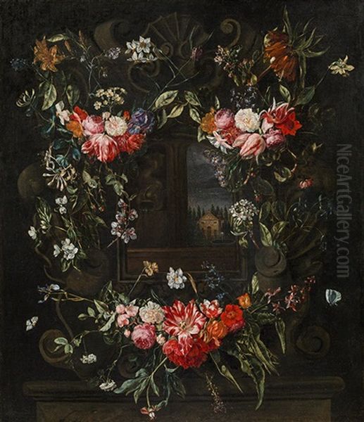 A Flower Garland Around A Cartouche With Landscape View - view 1