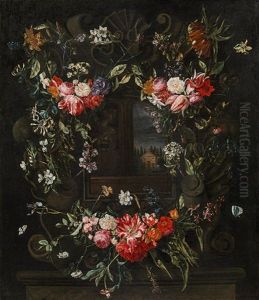 A Flower Garland Around A Cartouche With Landscape View by Christiaan Luycks