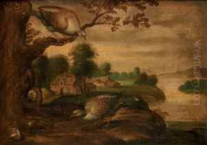 Poules Et Oiseau Dans Un Paysage; Poules Et Champignons Dans Un Paysage (pair) by Christiaan Luycks