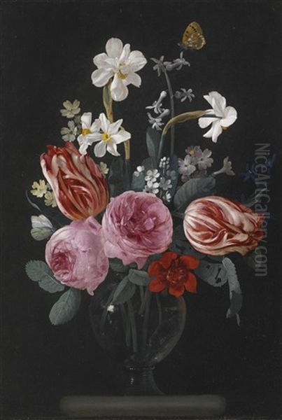 A Still Life Of Tulips, Roses, Daffodils And Other Flowers, With Butterflies, In A Glass Vase On A Stone Ledge - view 1