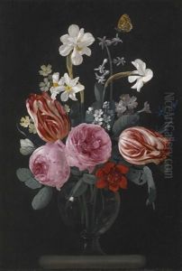 A Still Life Of Tulips, Roses, Daffodils And Other Flowers, With Butterflies, In A Glass Vase On A Stone Ledge by Christiaan Luycks
