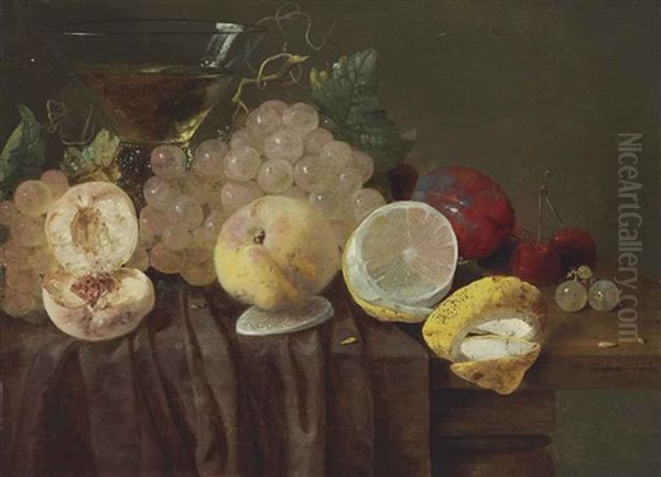 Grapes, Peaches, A Lemon, Plums, Cherries And A Roemer On A Partially-draped Table - view 1