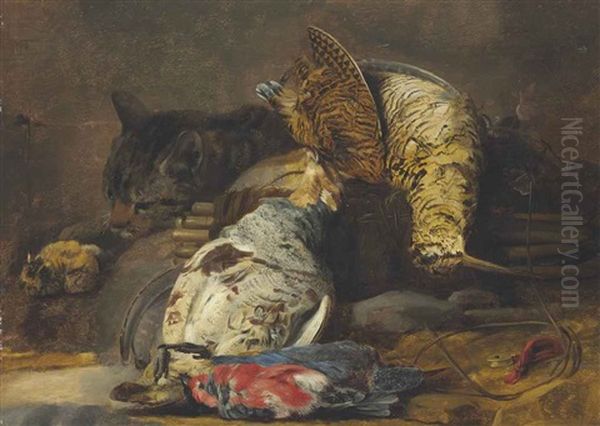 A Woodcock, Partridge, Kingfisher, Finches And A Cat, With A Decoy Whistle And A Wooden Snare - view 1