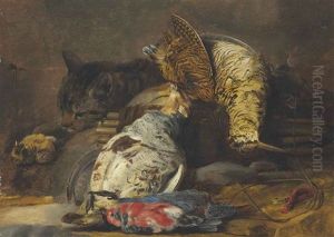 A Woodcock, Partridge, Kingfisher, Finches And A Cat, With A Decoy Whistle And A Wooden Snare by Christiaan Luycks