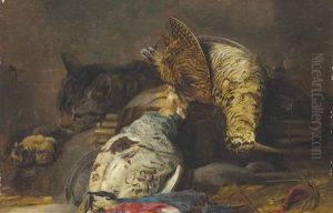 A Woodcock, Partridge, Kingfisher, Finches And A Cat, With A Decoy Whistle And A Wooden Snare by Christiaan Luycks
