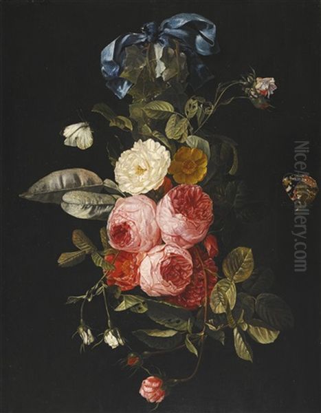 Still Life Of Pink, Yellow And White Roses Hanging From A Blue Ribbon With A Red Admiral And A Cabbage White - view 1