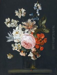 Still Life Of Roses, Peonies And Passion Flowers In A Glass Vase On A Stone Ledge With A Ladybird And A Butterfly