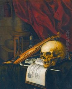 A Vanitas Still Life With A Skull, A Violin, A Musical Score, A Pipe And Tobacco, An Hourglass And A Candle On A Draped Table by Christiaan Luycks