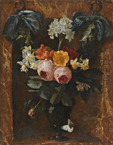 A Still Life Of Roses, Daffodils, Jonquils, And Other Flowers In A Glass Vase In A Marble Niche - view 1