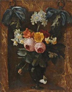A Still Life Of Roses, Daffodils, Jonquils, And Other Flowers In A Glass Vase In A Marble Niche by Christiaan Luycks