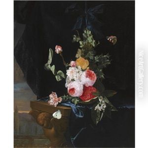 A Swag Of Roses And Thistle-leaf, Tied With A Blue Ribbon, Before A Blue Velvet Drapery On A Sculpted Table, Together With A Red Admiral And A Cabbage Butterfly, A Landscape Beyond by Christiaan Luycks